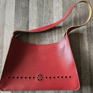 Vintage Y2K Red Cutout Shoulder Bag Tan Trim Medium‎ Faux Leather Handbag Purse